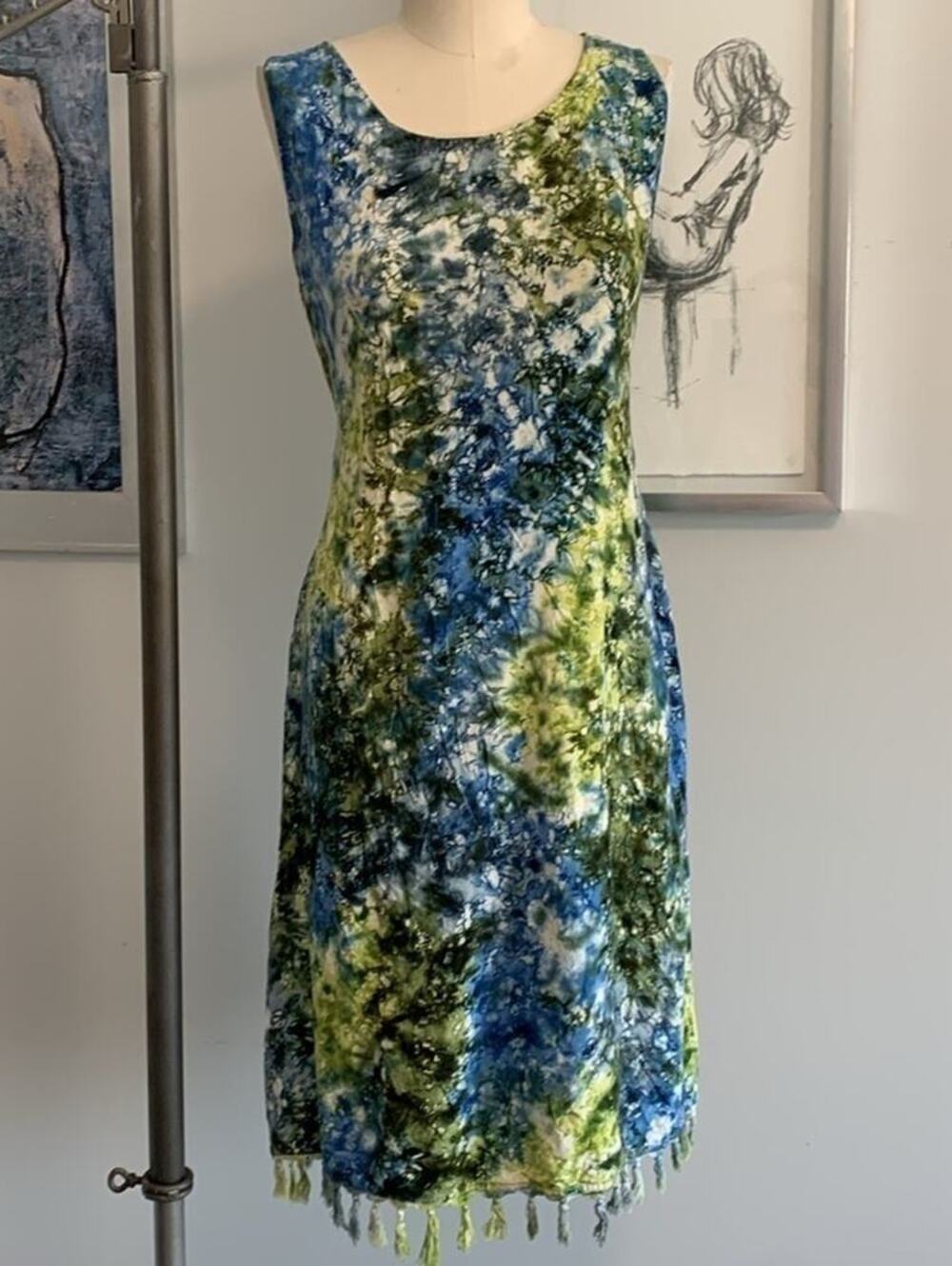 Vintage Style in Fashion Tie-Dye Tank Dress Y2K Boho Resortwear Blue Green OS